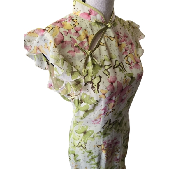 Vintage Y2k Asymetrical Asian Style Butterfly Print Flutter Sleeved Dress - Picture 5 of 8